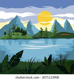 illustration of sunrise scenery behind mountains and lakes, good for children's books, web, children's magazines etc.