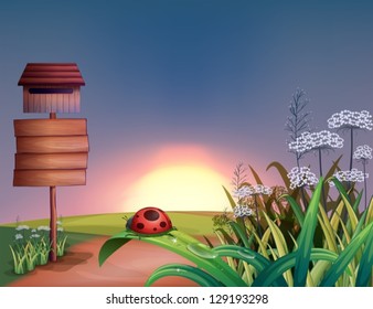 Illustration of a sunrise view with the wooden signboard