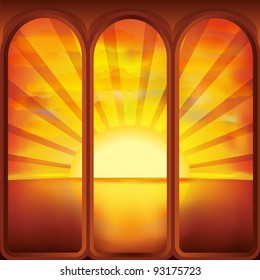Illustration of a sunrise in the window.