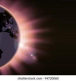 Illustration of the suns rays bursting over the world globe. Europe side visible