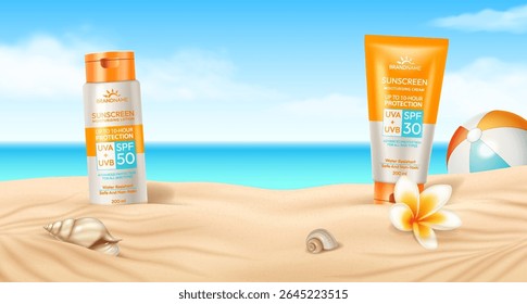 Illustration of sunscreen bottles on sandy beach. Vibrant blue ocean and sky in background. Bright cheerful summer vibe. Beach ball and seashells accentuate scene.