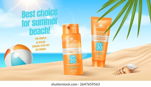 Illustration of sunscreen bottles on a sunny sandy beach. Vibrant orange packaging with text highlighting UV protection. Palm leaves and beach ball add summer feel.