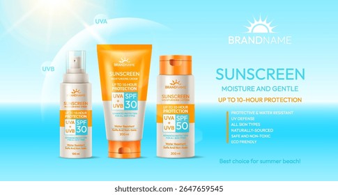 Illustration of a sunscreen product line displayed against a bright blue sunny background. Featuring SPF protection, these products offer up to 10hour UV defense, ideal for beach days.