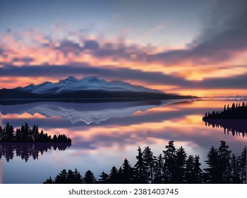 illustration with sunset above mountain and reflection in lake