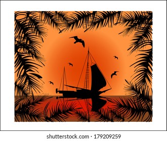 illustration with sunset above sea with boat 