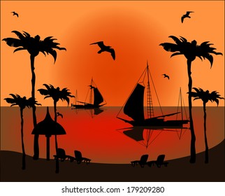 illustration with sunset above sea with boat 