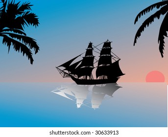 illustration with sunset above sea with boat