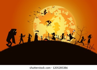 illustration sunset background concept,many people with men and women wearing as ghost and devil for festival halloween,full moon on dark night with happy children for celebration halloween day