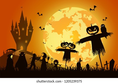 illustration sunset background,festival halloween concept,full moon on dark night with many ghost,scarecrow and devil walking to castle for celebration halloween day