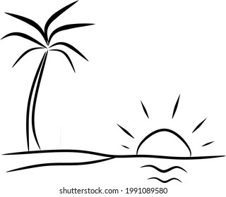 Illustration of sunset in a beach with a Coconut tree. Line Art