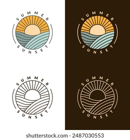 illustration of sunset beach monoline or line art style vector