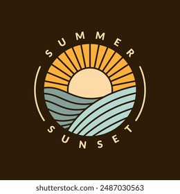 illustration of sunset beach monoline or line art style vector