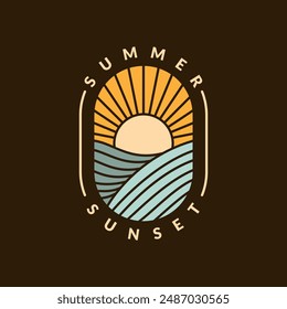 illustration of sunset beach monoline or line art style vector