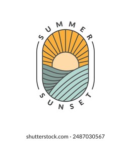 illustration of sunset beach monoline or line art style vector