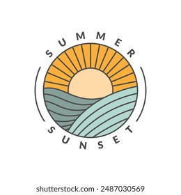 illustration of sunset beach monoline or line art style vector