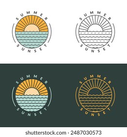 illustration of sunset beach monoline or line art style vector