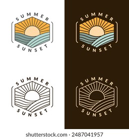 illustration of sunset beach monoline or line art style vector