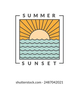 illustration of sunset beach monoline or line art style vector