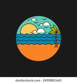 illustration of sunset beach monoline or line art style vector