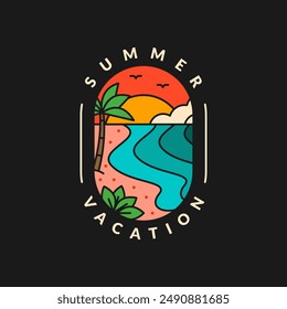 illustration of sunset beach monoline or line art style vector