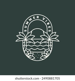 illustration of sunset beach monoline or line art style vector