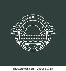 illustration of sunset beach monoline or line art style vector