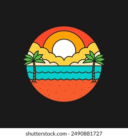 illustration of sunset beach monoline or line art style vector