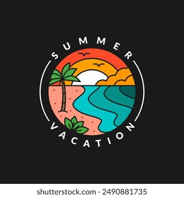 Illustration von Sunset Beach Monoline oder Line Art Style Vektorgrafik