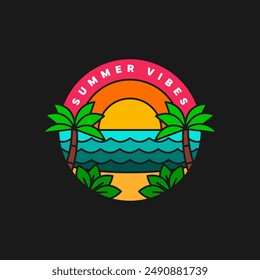 illustration of sunset beach monoline or line art style vector