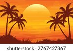 illustration of sunset beach with palm silhouette landscape in summer tropical nature background