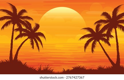 illustration of sunset beach with palm silhouette landscape in summer tropical nature background