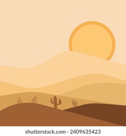 Illustration of sunset between sand dunes, cactus and desert plants