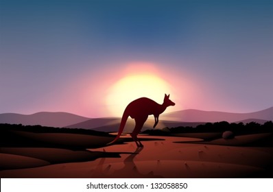 Illustration of a sunset at the desert with a kangaroo