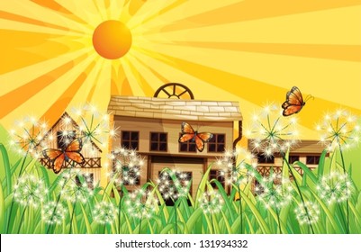 Illustration of a sunset and the different houses at the top of the hills
