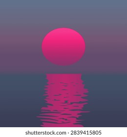An illustration of a sunset featuring a pink sun reflected in the water. A vector illustration of a seascape in shades of pink and blue, suitable for backgrounds and prints celebrating the beauty of marine landscapes.