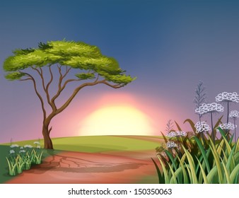 Illustration of a sunset at the hilltop
