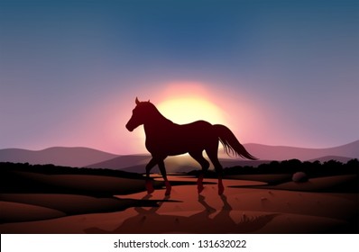 Illustration of a sunset with a horse