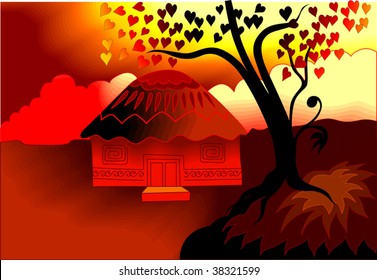 Illustration of sunset with hut and tree on floral background	