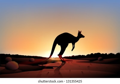 Illustration of a sunset with a kangaroo