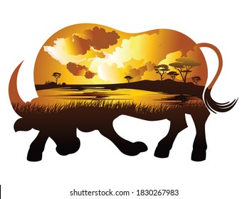 Illustration of sunset landscape inside of a bull silhouette design.