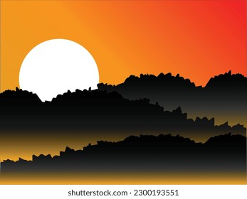 ilustración de una puesta de sol y vistas a las montañas, paisaje, utilizado como fondo de pared, cielo rojo naranja