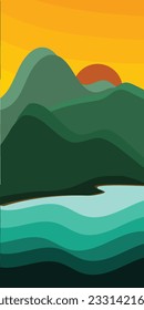 Illustration of Sunset on the big mountains near the lake