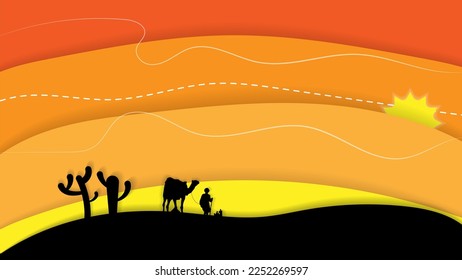 Illustration Sunset on Desert, camel with rider, paper cutout style for Ramadhan Background or Banner