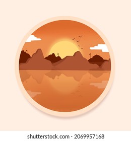 Illustration eines Sonnenuntergangs auf einem Bergstrand, bringt Ruhe und kann als Wanddekoration verwendet werden.