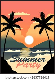 Illustration of Sunset On A Tropical Beach With Palm Trees And Vibrant Sky