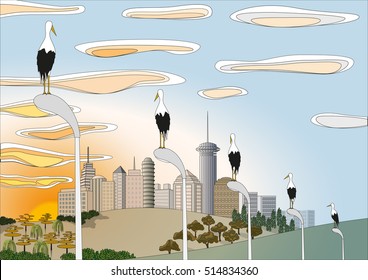 Illustration sunset over the city with storks