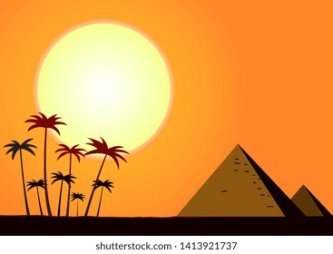 Illustration of the sunset over the desert landscape with pyramids and palm trees
