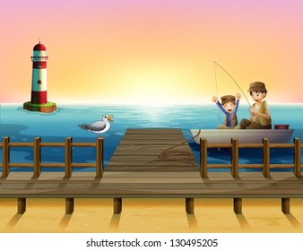 Illustration of a sunset at the port with boys fishing