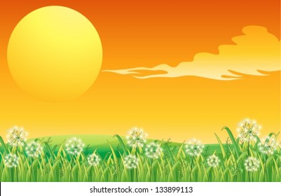 Illustration of a sunset scenery and the peacful hilltop