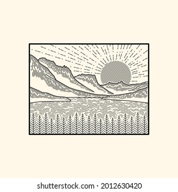 ilustración de puesta de sol en san laca maría en el glaciar montana nacional en estilo mono-línea para insignias, emblemas, parches, camisetas, etc.